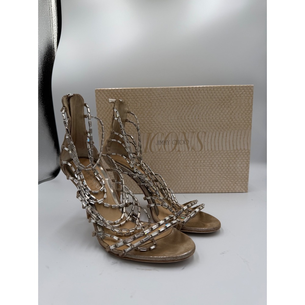 Jimmy Choo Lang Crystal Sandals Champagne Gold Suede Baguette Heeled 38.5
